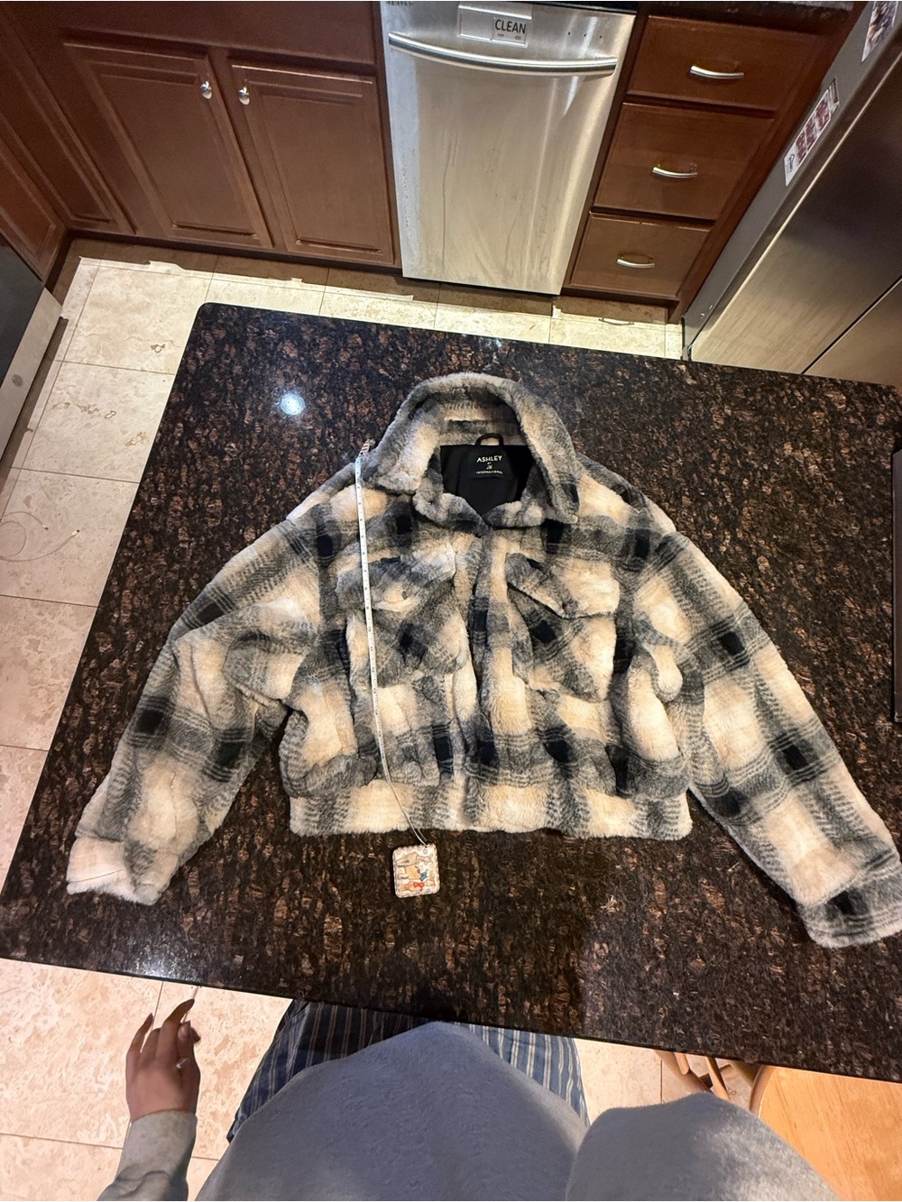 Ashley By 26 International Plush Plaid Cropped Jacket - Black & Cream